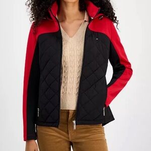 Tommy Hilfiger Women's Color-Block Quilted Scuba Jacket Black×Red Size XL